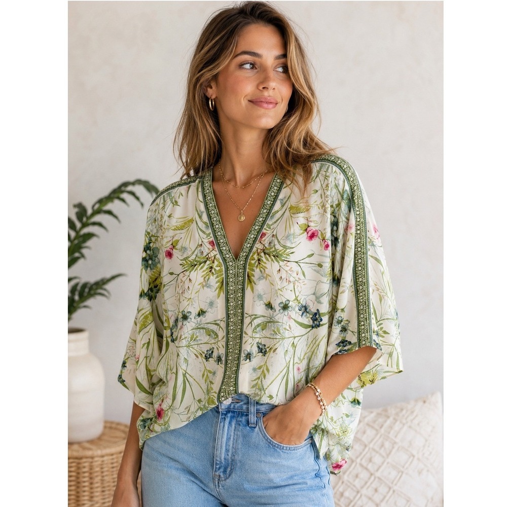 Rose + Olive Green Floral V-Neck Kimono Sleeve Blouse 1X cottagecore spring boho